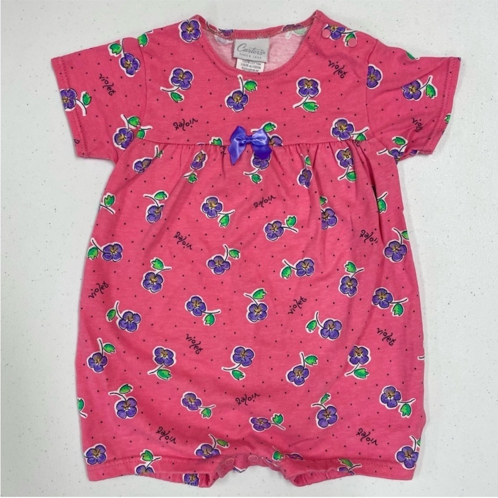New Vintage Carters Romper Girls 9-12M Violets Pink Purple Made in USA Flowers
